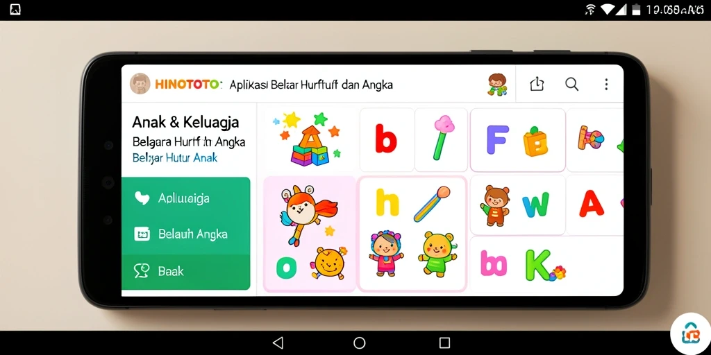 Screenshot aplikasi HINOTOTO yang menunjukkan aktivitas belajar huruf dan angka.
