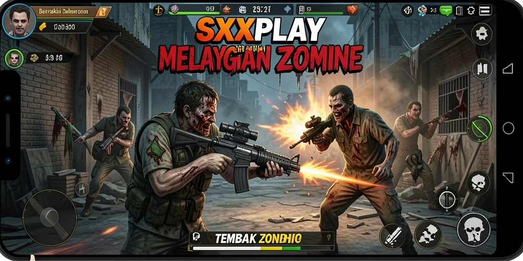 Antarmuka SXXPLAY menampilkan pertempuran melawan zombie.